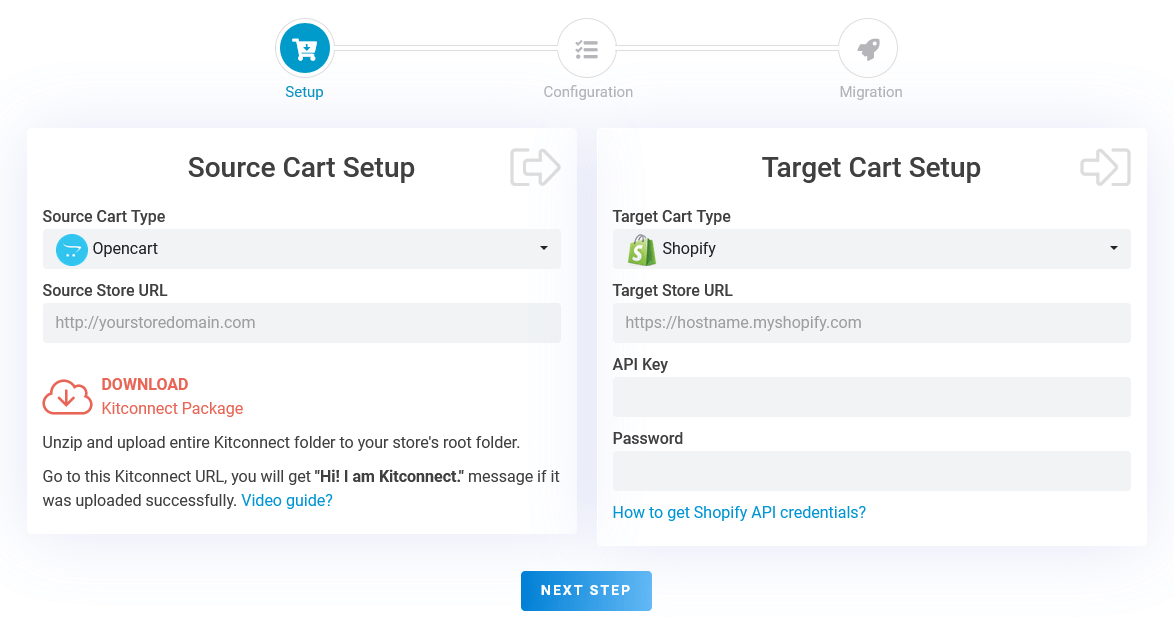 set up source cart and target cart