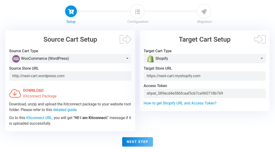 Set up Source Cart and Target Cart