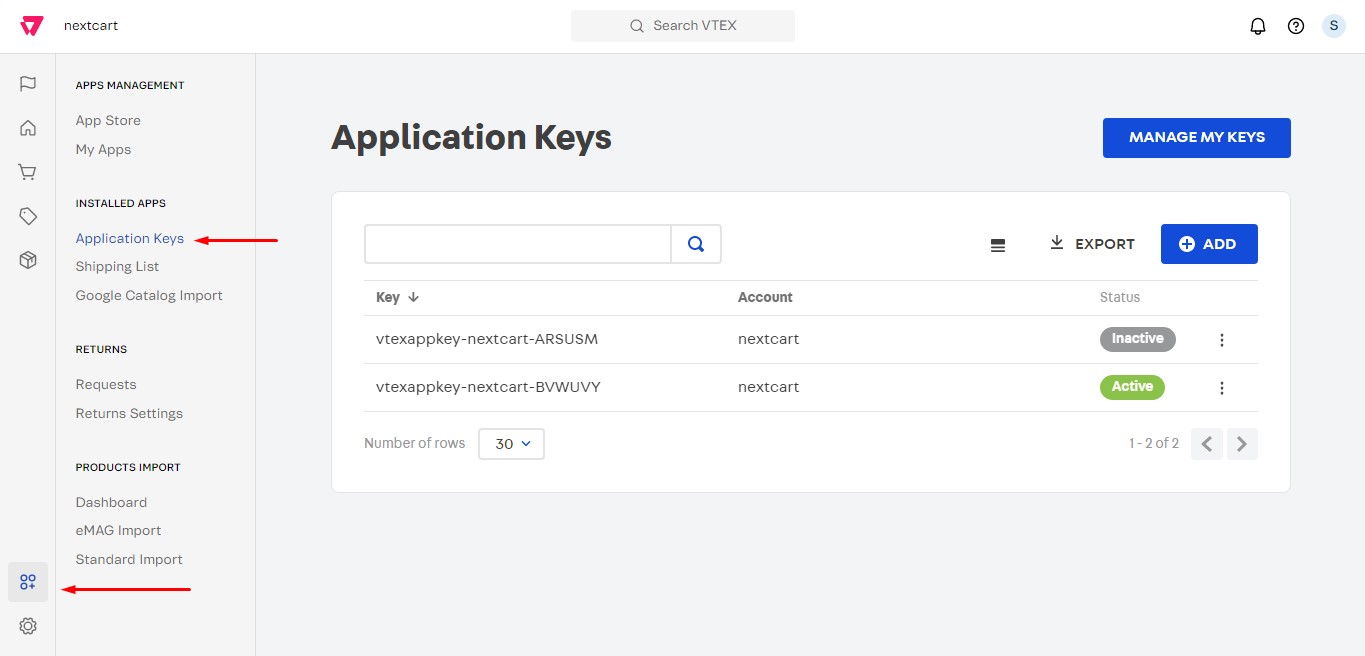 VTEX application keys
