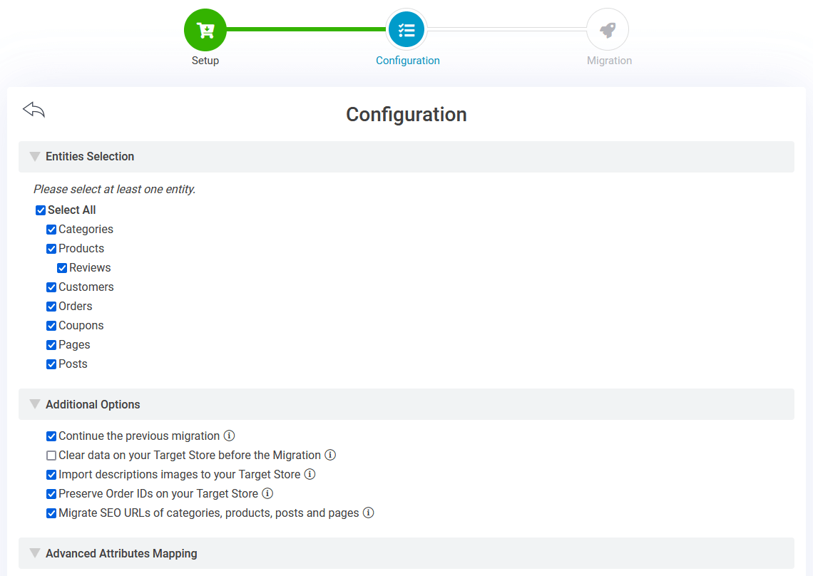 WooCommerce to Shopify - Entities Selection