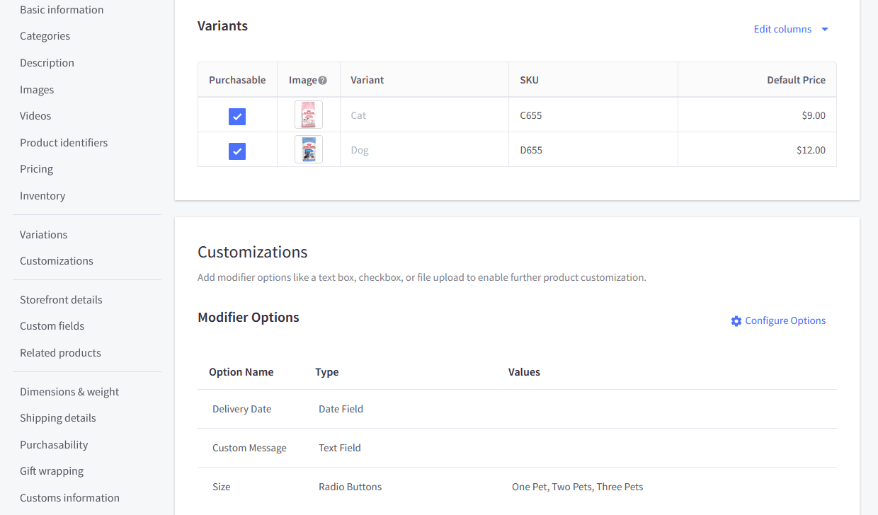 BigCommerce Variants and Options