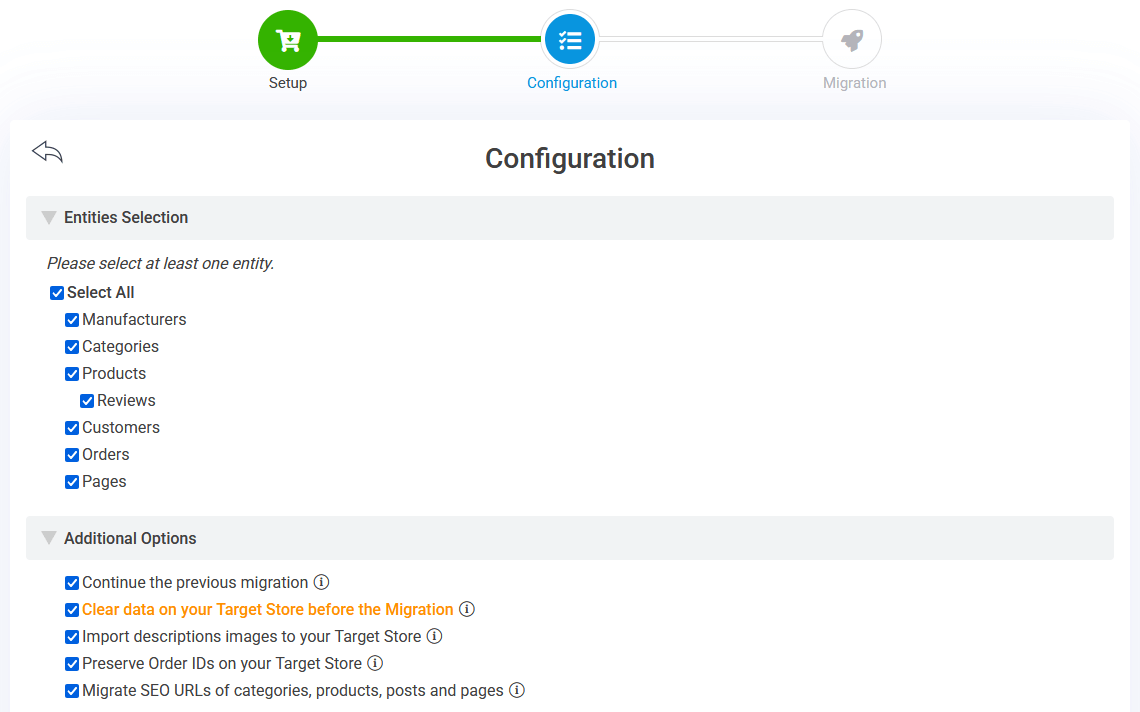Magento to BigCommerce - Entities Selection and Additional Options