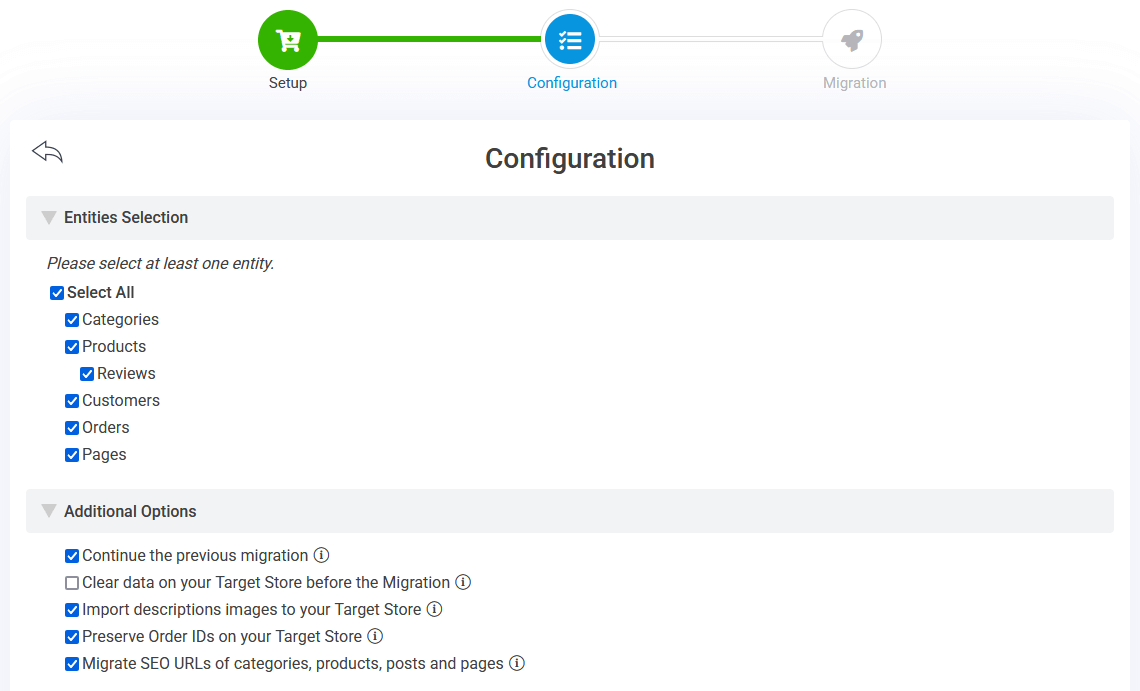 Magento to Shopify - Entities Selection and Additional Options