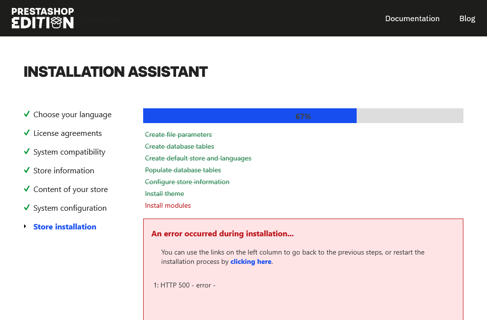 PrestaShop Installation - HTTP 500 Error