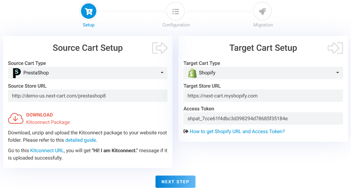 PrestaShop to Shopify - Setup Connection